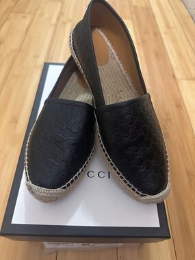 Gucci Black Embossed Leather Espadrille Flats